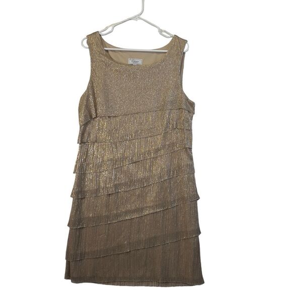 Dress Barn Champagne Metallic Gold Tiered Lined Sleeveless Dress 12 flapper - Picture 5 of 16